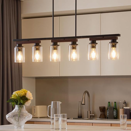 6-Light Kitchen Island Lighting & Farmhouse Dining Room Light Fixtures Over Table, Rustic Wood Linear Chandelier Adjustable Ceiling Hanging Pendant- Rotating Design, Customizable Shapes, Clear Glass