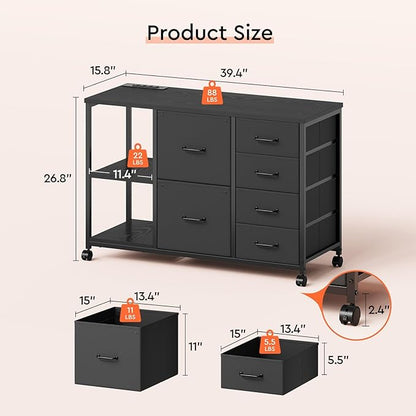 Maihail 6 Drawer File Cabinet with Charging Station Rolling Printer Stand with Open Storage Shelf Fabric Lateral Filing Cabinet for Home Office,Black
