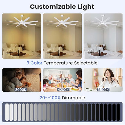 Newday 72 inch Large Ceiling Fans with Lights and Remote, Indoor/Outdoor White Ceiling Fan for Living Room Patio, 6 Speeds Silent Reversible DC Motor, 3CCT, Timer, 3 Downrods, 8 Blades