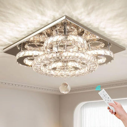 Modern 5-Ring Crystal Ceiling Light, 13.3" Dimmable LED Flush Mount Chandelier, K9 Crystal Close-to-Ceiling Lamp with Stainless Steel Base for Bedroom, Hallway, Dining Room