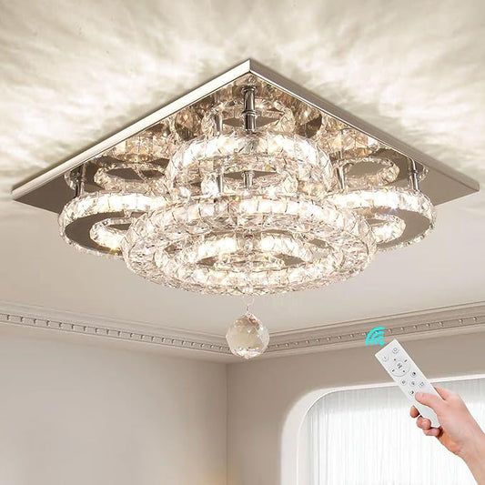 Modern 5-Ring Crystal Ceiling Light, 13.3" Dimmable LED Flush Mount Chandelier, K9 Crystal Close-to-Ceiling Lamp with Stainless Steel Base for Bedroom, Hallway, Dining Room