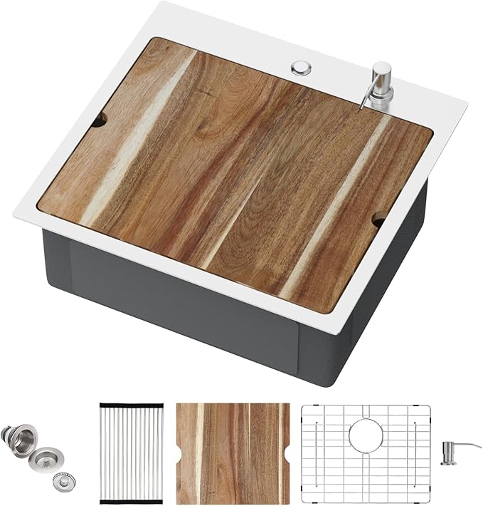 Drop in Bar Sink Workstation 21x20 Inch 16 Gauge Stainless Steel Handmade Topmount Kitchen Sink Single Bowl - 8 Inches Deep RV Sink