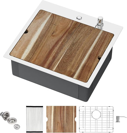 Drop in Bar Sink Workstation 21x20 Inch 16 Gauge Stainless Steel Handmade Topmount Kitchen Sink Single Bowl - 8 Inches Deep RV Sink