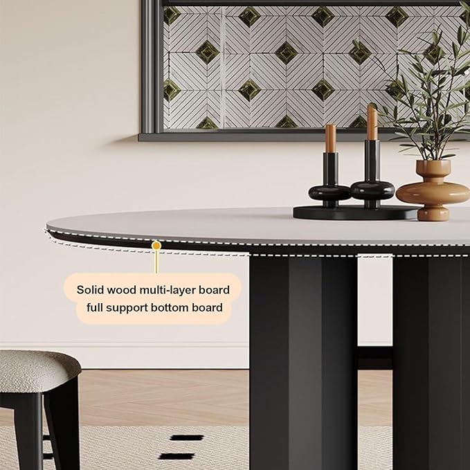 Mid-Century Modern Dining Table, Round Dining Table with Rock Board Tabletop, Kitchen Table, Metal Pedestal Base Kitchen Table for Kitchen,Dining Room,Negotiation Room,Cafe,Large