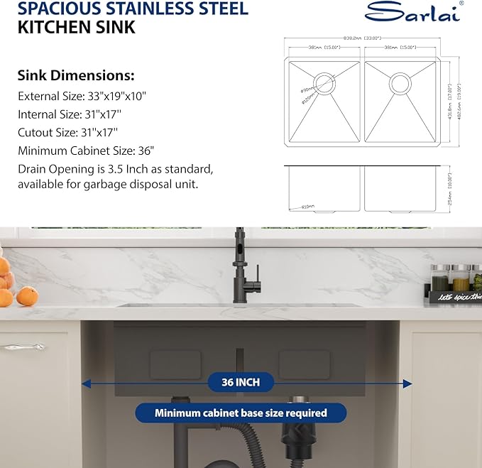 Sarlai 33 Inch Black Undermount Kitchen Sink Double Bowl 33 x 19 Inch Low Divided Gunmetal Black Workstation Double Kitchen Sink Stainless Steel 16 Gauge 50/50 Sinks Basin