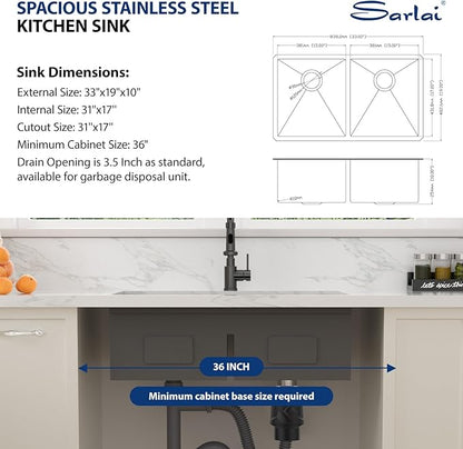 Sarlai 33 Inch Black Undermount Kitchen Sink Double Bowl 33 x 19 Inch Low Divided Gunmetal Black Workstation Double Kitchen Sink Stainless Steel 16 Gauge 50/50 Sinks Basin