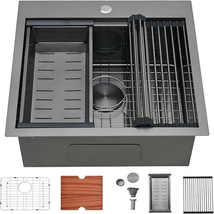 SHACO 21 Inch Black Drop In Kitchen Sink, 21x20 Inch Gunmetal Black Top Mount 16 Gauge Stainless Steel Single Bowl Workstation RV Small Kitchen Outdoor Laundry Wet Prep Sink with Accessories