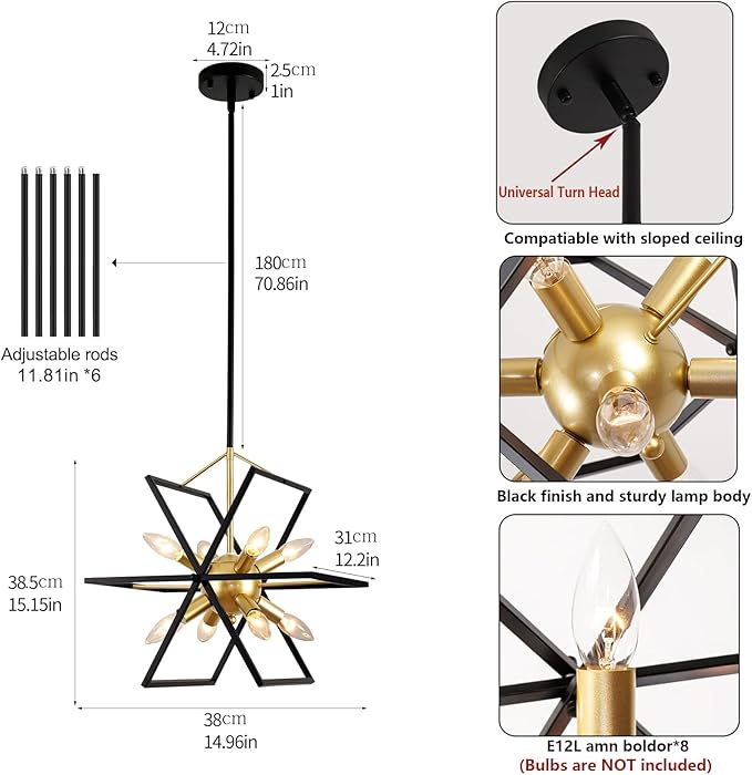 Farmhouse Chandelier,6-Lights Industrial Rustic Dining Room Pendant Light,Adjustable Hanging Candle Light Fixtures for Kitchen Island Living Room Foyer (Black/Gold-8 Lights)