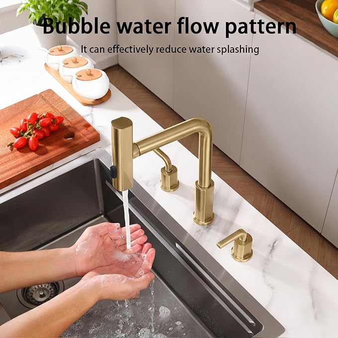Kitchen Sink Faucet with Pull Down Sprayer - Brushed Gold 3 Hole Stainless Steel Kitchen Faucets - 2 Handle 8 Inch Champagne Bronze Waterfall Sinks Faucet for Laundry Farmhouse Three Holes Set