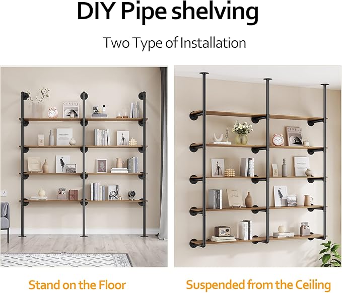 Pynsseu Industrial Iron Pipe Shelf Wall Mount, Farmhouse DIY Open Bookshelf, Pipe Shelves for Kitchen Bathroom, bookcases Living Room Storage, 3Pack of 5 Tier.