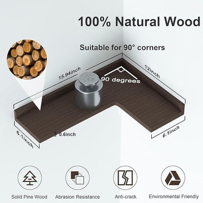4 Tier Corner Floating Shelves Set of 4, Rustic Pine Corner Shelves for Wall Storage and Decor, L-Shaped Corner Wall Mounted Shelf for Bedroom, Living Room, Bathroom, Kitchen – Dark Brown