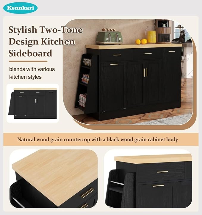 58'' Multi-Functional Storage Sideboard with Trash Can Storage and Adjustable Shelves, Console Table with Sliding Door Cabinet, Kitchen Island with 3-Tier Spice Rack for Dining Room (Black)