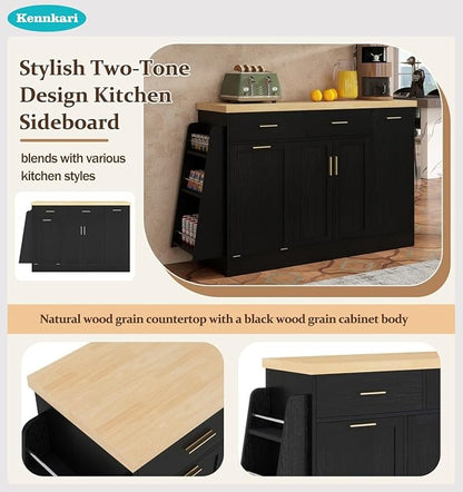 58'' Multi-Functional Storage Sideboard with Trash Can Storage and Adjustable Shelves, Console Table with Sliding Door Cabinet, Kitchen Island with 3-Tier Spice Rack for Dining Room (Black)