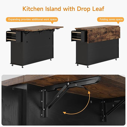ComfyCorner 60" Rolling Large Kitchen Island on Wheels with Extendable Table, Drop Leaf & Power Outlet, Mobile Kitchen Cart with Storage Cabinet, 2 Drawers, Spice Rack, Towel & Knife Holder, Black