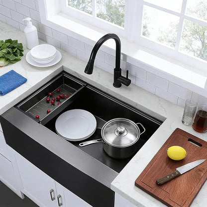 IKEBANA 33 x 22 Inch Black Farmhouse Kitchen Sink, 16 Gauge Stainless Steel Apron Front Workstation Undermount Single Bowl Sink with Accessories