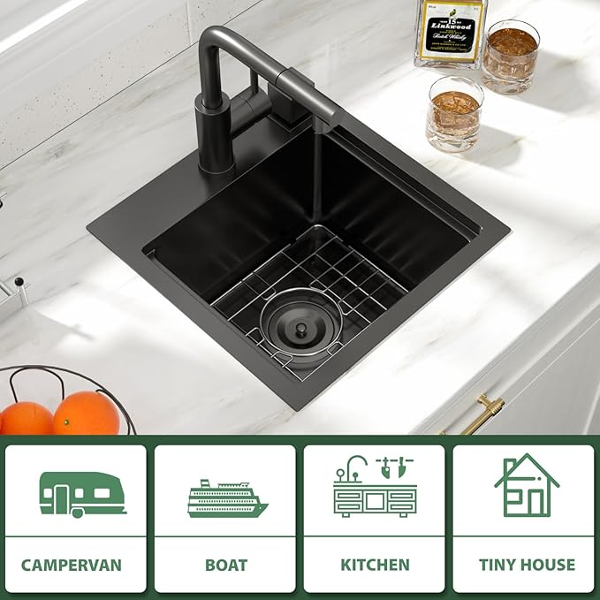 Outdoor Sink and Faucet 15 Inch Drop In Bar Sink Workstation 16 Gauge Stainless Steel Single Bowl Small Outdoor Kitchen Sink Basin With Pull-out Faucet 15x15x9 Inch