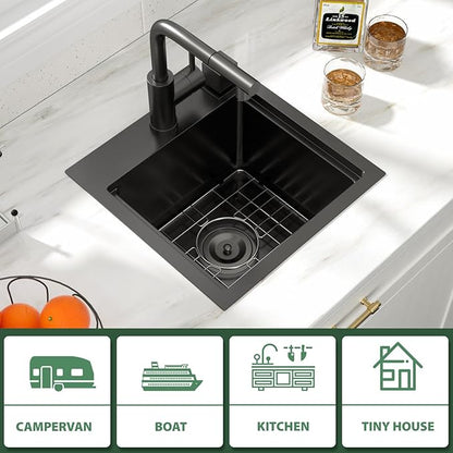 Outdoor Sink and Faucet 15 Inch Drop In Bar Sink Workstation 16 Gauge Stainless Steel Single Bowl Small Outdoor Kitchen Sink Basin With Pull-out Faucet 15x15x9 Inch