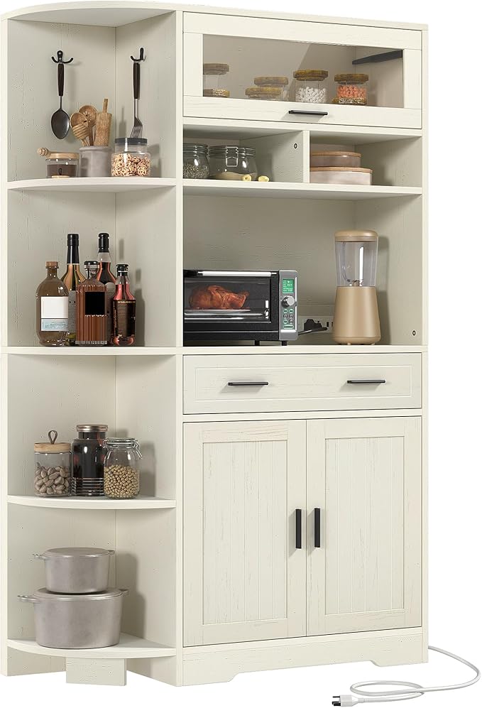 DWVO Kitchen Pantry Cabinet with Drawer, 67" Farmhouse Baker Rack with Power Outlets, Buffet Sideboard w/Microwave Stand, Cupboard Hutch Storage Cabinet for Kitchen, Living Room, Dining Room (White)
