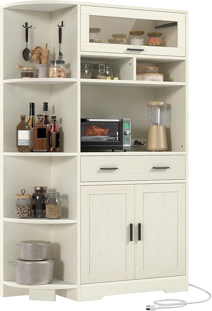 DWVO Kitchen Pantry Cabinet with Drawer, 67" Farmhouse Baker Rack with Power Outlets, Buffet Sideboard w/Microwave Stand, Cupboard Hutch Storage Cabinet for Kitchen, Living Room, Dining Room (White)