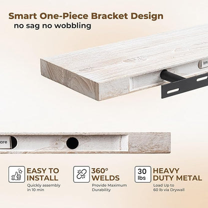 Axeman Floating Shelves for Wall, 8 Inch Deep Rustic Solid Elm Wood Wall Shelves for Storage, Wall Mounted Display Shelving with Invisible Heavy-Duty Metal Bracket, 36'' Width Set of 2, White Wash