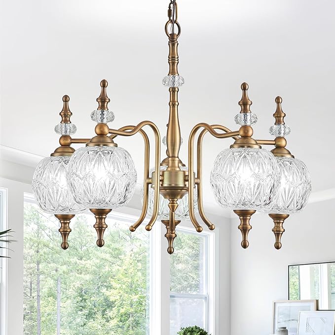 Chandeliers Vintage 5 Lights Brass Glass Pendant Lighting Fixtures Rustic Style Chandelier Matte Brushed Antique Brass Finish with Crystal Glass Shade for Kitchen Island Farmhouse
