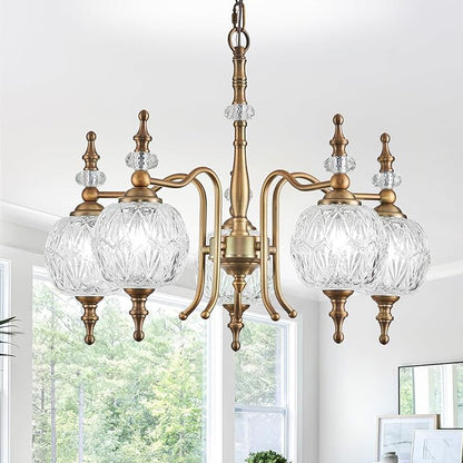 Chandeliers Vintage 5 Lights Brass Glass Pendant Lighting Fixtures Rustic Style Chandelier Matte Brushed Antique Brass Finish with Crystal Glass Shade for Kitchen Island Farmhouse