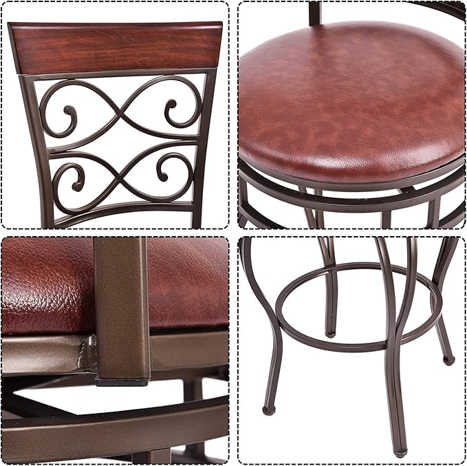 WATERJOY Retro Bar Chairs Set of 2, 360 Degree Swivel Padded Bar Stools Leather Seat Bistro Dining Kitchen Pub Metal Chairs