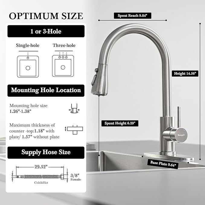 Ibergrif Kitchen Faucets with Pull Down Sprayer, Single Handle High Arc Brushed Nickel Stainless Steel 1 or 3 Hole Kitchen Sink Faucet with Deck for RV Laundry Farmhouse Bar