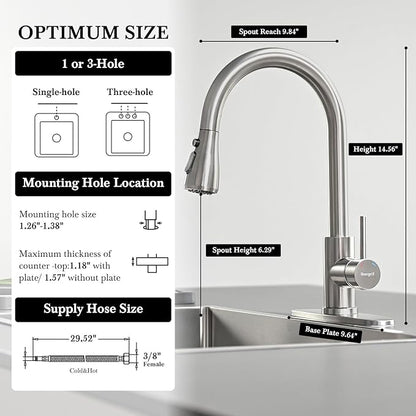 Ibergrif Kitchen Faucets with Pull Down Sprayer, Single Handle High Arc Brushed Nickel Stainless Steel 1 or 3 Hole Kitchen Sink Faucet with Deck for RV Laundry Farmhouse Bar
