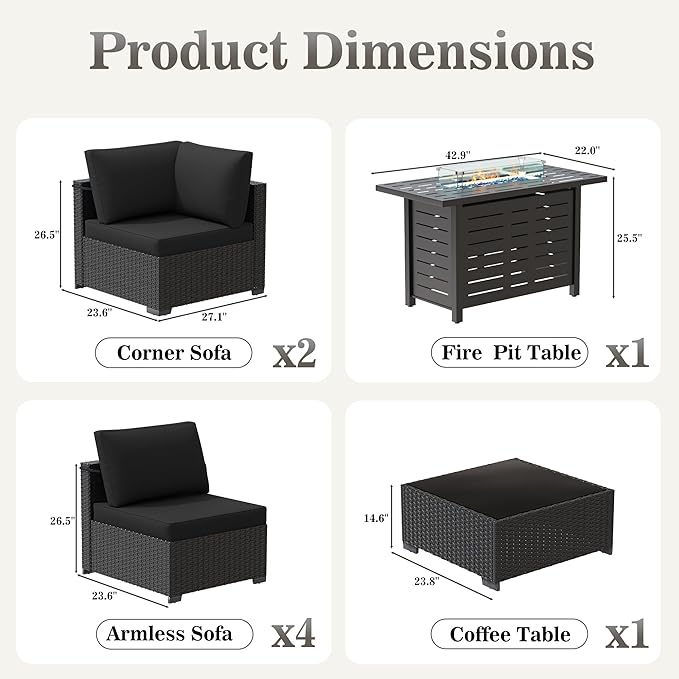 Patio Furniture Set 7 Pieces Conversation Set Wicker Outdoor Sectional Sofa,Ergonomic Armrests Couch with Cushion and Glass Table (Black-Black, 8 Piece-Fire Table)