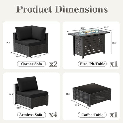 Patio Furniture Set 7 Pieces Conversation Set Wicker Outdoor Sectional Sofa,Ergonomic Armrests Couch with Cushion and Glass Table (Black-Black, 8 Piece-Fire Table)