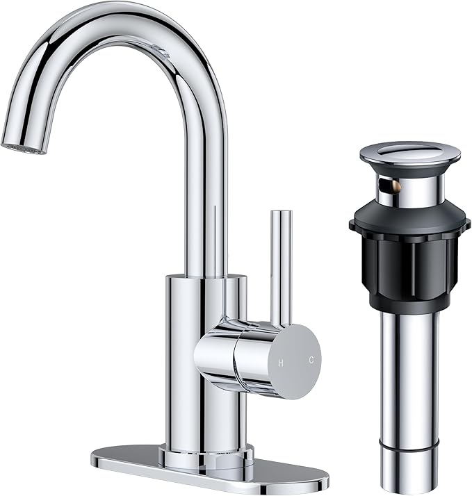 FORIOUS Single Hole Bathroom Faucets 3 Hole One Handle 360° Swivel Gooseneck Spout, Lead-Free, Suitable for Wet Bar Kitchen RV Vanity Restroom,with Pop Up Drain and Supply Line