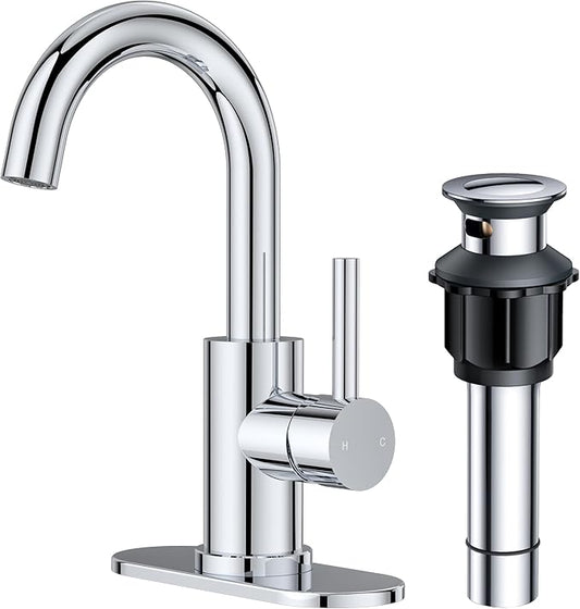 FORIOUS Single Hole Bathroom Faucets 3 Hole One Handle 360° Swivel Gooseneck Spout, Lead-Free, Suitable for Wet Bar Kitchen RV Vanity Restroom,with Pop Up Drain and Supply Line