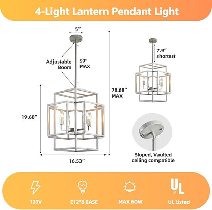 4-Light Chandelier, Industrial Silver Foyer Lighting Fixtures, Rustic Lantern Pendant Light, Large Chandeliers for High Ceilings, Farmhouse Chandelier for Entryway, for Dining Room, Kitchen Island