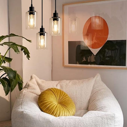 MAXvolador Industrial 3-Light Pendant Light, Adjustable Hanging Light Fixture with Clear Glass Shade, Pendant Lighting E26 Base Ceiling Lamp, Black
