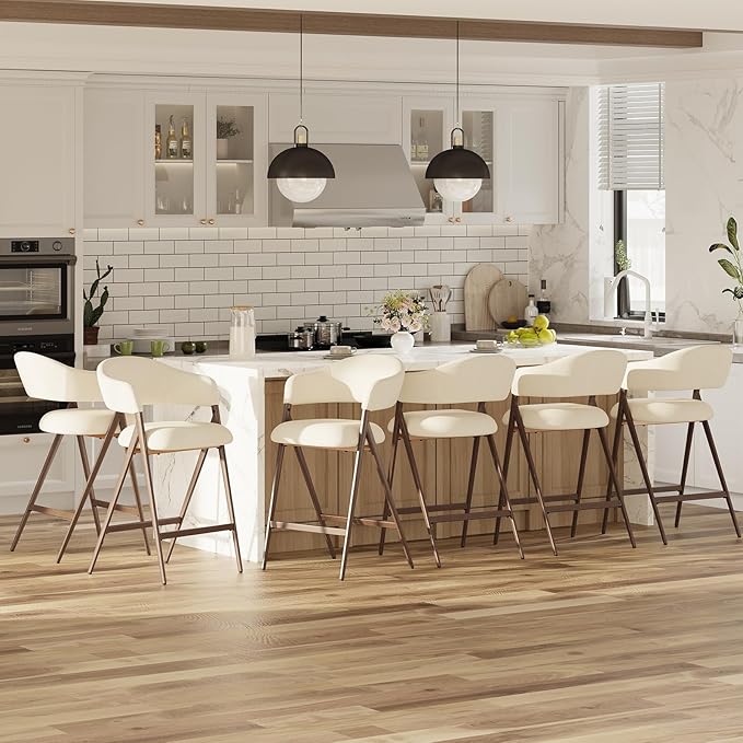 COLAMY Bar Stools Set of 6, Counter Height Bar Stools with Backs and Arms, Modern Upholstered Island Stools with Metal Legs for Kitchen Island, Counter, Dining Room, Beige