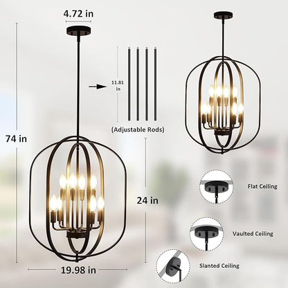 Black Chandelier for Dining Room Light Fixture, 8-Light Foyer Lighting Fixtures Adjustable Pendant Lights Kitchen Island Rustic Modern Farmhouse Chandelier for Entryway, Living Room, Foyer, Bedroom