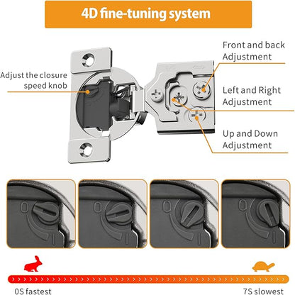 Chibery 60 Pack 5/8" Overlay 4D Soft Close Concealed Hinges for Face Frame Door, Adjustable Closing Speed, Self Close Satin Nickel, 105° Open Angle Concealed Stainless Steel Hinges for Cabinet