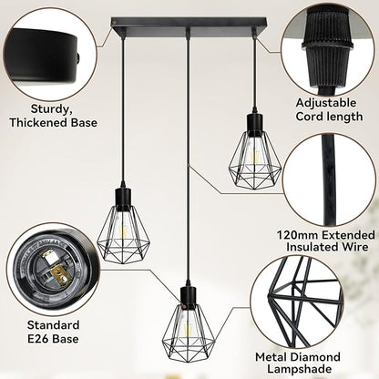 LTBLIGHT 3-Light Black Pendant Light Fixture, Industrial Hanging Lighting with 1.2m Adjustable Cord, Ceiling Lamp for Kitchen Bedroom Hallway Dining Room E26 Base (Bulb Not Included)