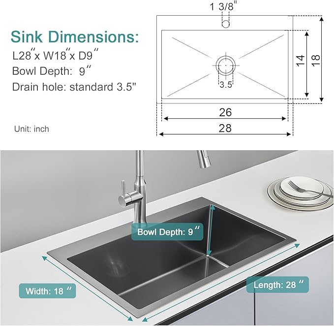 28x18 inch Drop in Kitchen Sink Black - 18 Gauge Top mount Bar Sink Single Bowl, 9 inch Deep T304 Stainless Steel Overmount Sinks Handmade with Strainer