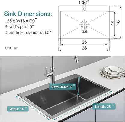 28x18 inch Drop in Kitchen Sink Black - 18 Gauge Top mount Bar Sink Single Bowl, 9 inch Deep T304 Stainless Steel Overmount Sinks Handmade with Strainer
