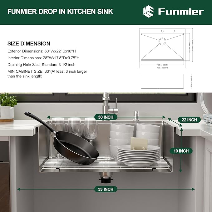 30 Inch Drop In Kitchen Sink, 16 Gauge 304 Stainless Steel 30x22 Drop In Ledge Workstation Sink, Topmount Single Bowl Basin Handmade Sink Above Counter, 30''x22''x10''