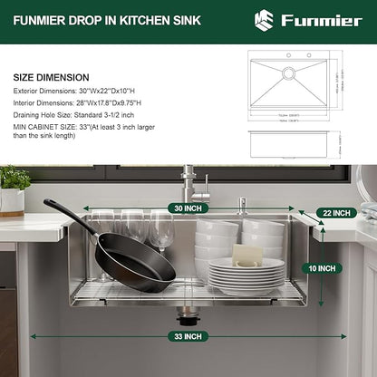 30 Inch Drop In Kitchen Sink, 16 Gauge 304 Stainless Steel 30x22 Drop In Ledge Workstation Sink, Topmount Single Bowl Basin Handmade Sink Above Counter, 30''x22''x10''