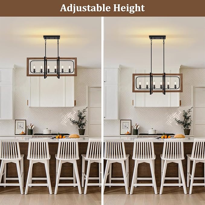Farmhouse Kitchen Island Lighting, 6-Light Dining Room Light Fixtures Over Table Rustic Wood Pendant Lights Adjustable Chandelier for Kitchen Dining Room