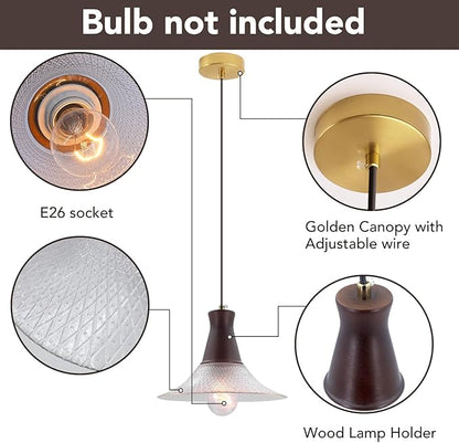 Vintage Farmhouse Glass Pendant Light Fixture 9 Inch Industrial Clear Ceiling Hanging Light with Walnut Wood lamp Holder for Kitchen Island Hallway Bar Dining Room Bedroom Foyer（1 Pack）