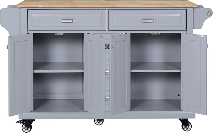 GOWE Kitchen Island with Rubber Wood Countertop, Kitchen Cart on 5 Wheels with Storage Cabinet and 5 Drawers for Dinning Room, Grey