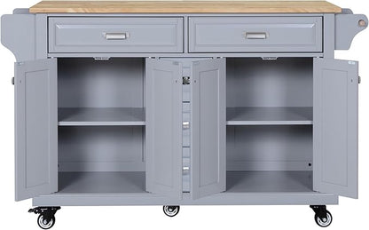 GOWE Kitchen Island with Rubber Wood Countertop, Kitchen Cart on 5 Wheels with Storage Cabinet and 5 Drawers for Dinning Room, Grey