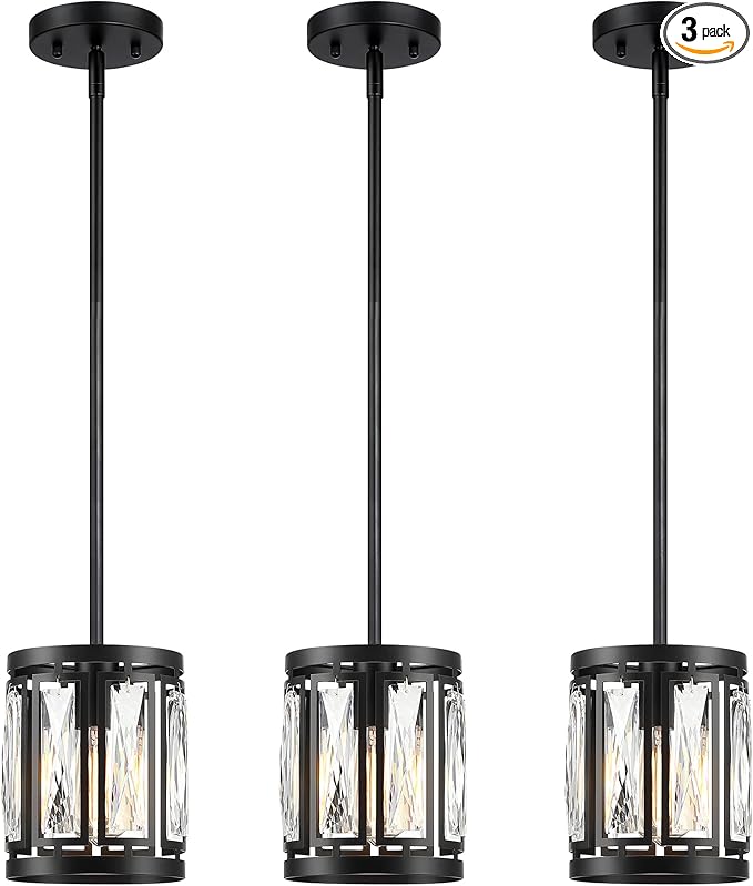Crystal Pendant Lighting Fixture Matte Black Drum Shade Chandelier,3-Pack Pendant Lights for Kitchen Island Modern Ceiling Lights for Living Room