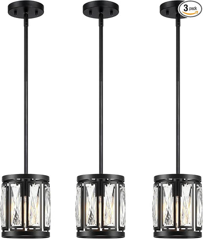 Crystal Pendant Lighting Fixture Matte Black Drum Shade Chandelier,3-Pack Pendant Lights for Kitchen Island Modern Ceiling Lights for Living Room