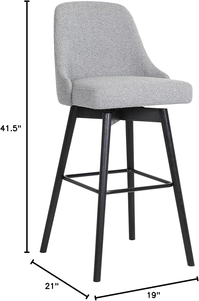 Armen Living Sicily Modern Farmhouse 30" Seat Height Swivel Black Wood Bar Stool for Kitchen Island Counter in Light Gray Fabric